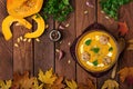 Delicious cream of pumpkin soup with meatballs made of turkey minced meat Royalty Free Stock Photo