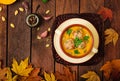 Delicious cream of pumpkin soup with meatballs made of turkey minced meat