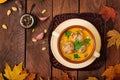 Delicious cream of pumpkin soup with meatballs made of turkey minced meat Royalty Free Stock Photo