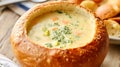 Delicious creamy broccoli cheddar soup served in a bread bowl. Comfort food