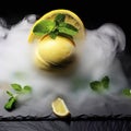 Delicious creamy and citrus lemon ice cream decorated with mint and served in smoke on a stone slate over a black background Royalty Free Stock Photo