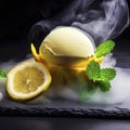 Delicious creamy and citrus lemon ice cream decorated with mint and served in smoke on a stone slate over a black background Royalty Free Stock Photo