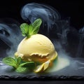 Delicious creamy and citrus lemon ice cream decorated with mint and served in smoke on a stone slate over a black background Royalty Free Stock Photo