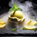 Delicious creamy and citrus lemon ice cream decorated with mint and served in smoke on a stone slate over a black background Royalty Free Stock Photo