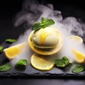 Delicious creamy and citrus lemon ice cream decorated with mint and served in smoke on a stone slate over a black background Royalty Free Stock Photo