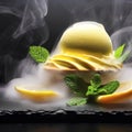 Delicious creamy and citrus lemon ice cream decorated with mint and served in smoke on a stone slate over a black background Royalty Free Stock Photo