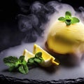 Delicious creamy and citrus lemon ice cream decorated with mint and served in smoke on a stone slate over a black background Royalty Free Stock Photo