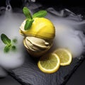 Delicious creamy and citrus lemon ice cream decorated with mint and served in smoke on a stone slate over a black background Royalty Free Stock Photo