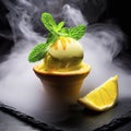 Delicious creamy and citrus lemon ice cream decorated with mint and served in smoke on a stone slate over a black background Royalty Free Stock Photo