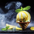 Delicious creamy and citrus lemon ice cream decorated with mint and served in smoke on a stone slate over a black background Royalty Free Stock Photo