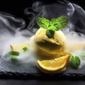 Delicious creamy and citrus lemon ice cream decorated with mint and served in smoke on a stone slate over a black background Royalty Free Stock Photo