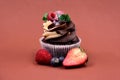 One chocolate vanilla cupcake with raspberries still life stock images Royalty Free Stock Photo