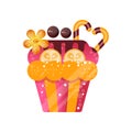 Delicious creamy cupcake, sweet pastry decorated with berries and candies, dessert for birthday party vector