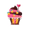 Delicious creamy cupcake, sweet pastry decorated with berries and candy heart, dessert for birthday party vector