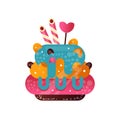 Delicious creamy cupcake, sweet pastry decorated with candies, dessert for birthday party vector Illustration on a white