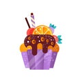 Delicious creamy cupcake, sweet pastry decorated with fruits and candies, dessert for birthday party vector Illustration