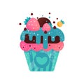 Delicious creamy cupcake, sweet pastry decorated with strawberries, dessert for birthday party vector Illustration on a