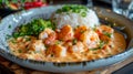 Delicious Creamy Garlic Shrimp Served with White Rice and Green Vegetables, Perfect for Menu Items and Culinary Presentations