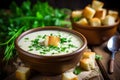 Delicious creamy garlic soup topped with croutons and chives for gourmet dining experience Royalty Free Stock Photo