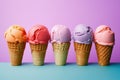 Delicious creamy icecream, ice cream scoops in waffle cones, AI Generated Royalty Free Stock Photo