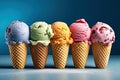 Delicious creamy icecream, ice cream scoops in waffle cones on blue background, AI Generated Royalty Free Stock Photo
