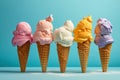 Delicious creamy icecream, ice cream scoops in waffle cones on blue background, AI Generated Royalty Free Stock Photo