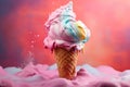 Delicious creamy icecream, ice cream scoops in waffle cones on pink background, AI Generated Royalty Free Stock Photo