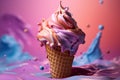 Delicious creamy icecream, ice cream scoops in waffle cones on pink background, AI Generated Royalty Free Stock Photo