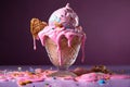 Delicious creamy icecream, ice cream scoops in waffle cones on purple background, AI Generated Royalty Free Stock Photo