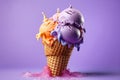 Delicious creamy icecream, ice cream scoops in waffle cones on purple background, AI Generated Royalty Free Stock Photo