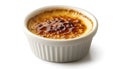 Delicious creme brulee in ceramic ramekin isolated on white Royalty Free Stock Photo