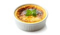 Delicious creme brulee in ceramic ramekin isolated on white Royalty Free Stock Photo
