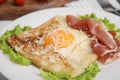 Delicious crepe with egg on plate, closeup. Breton galette