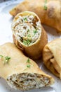 Delicious crepes rolls or pancakes with chicken meat. traditional maslenitsa meal. vertical image, Food recipe background. Close Royalty Free Stock Photo