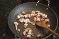 Delicious crispy bacon on the frying pan Royalty Free Stock Photo