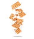 Delicious crispy biscuit crushed in the air close-up on a white background Royalty Free Stock Photo