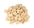 Delicious crispy breakfast cereal on white background, top view