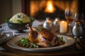 Delicious crispy duck dish on wooden table in rustic French home.