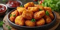 Delicious crispy fried breaded nuggets with ketchup on black plate. Dark background Royalty Free Stock Photo