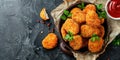 Delicious crispy fried breaded nuggets with ketchup on black plate. Dark background Royalty Free Stock Photo