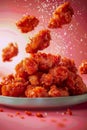 Delicious Crispy Fried Chicken Wings Tossed in a Spicy Sauce with Seasoning Sprinkle on Pink Background Royalty Free Stock Photo