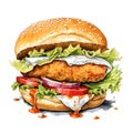 Delicious crispy fried fish burger on a white background