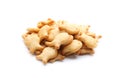 Delicious crispy goldfish crackers on background