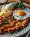 Delicious crispy parmesan panko chicken fried steak with fried egg recipe for a perfect meal Royalty Free Stock Photo