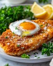 Delicious crispy parmesan panko chicken fried steak with a perfectly fried egg on top Royalty Free Stock Photo