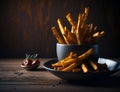 Delicious crispy potato french fries, perfectly seasoned, paired with tangy tomato ketchup, resting enticingly on the table,