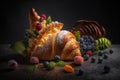 Delicious croissant with berries and mint leaves on black background