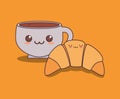 Delicious croissant and coffee kawaii