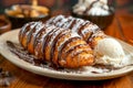Delicious Croissant with Ice Cream and Chocolate Syrup on Wooden Table Gourmet Dessert Treat in Cozy Cafe Setting
