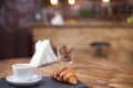 Delicious croissant served with a warm cup of coffee Royalty Free Stock Photo